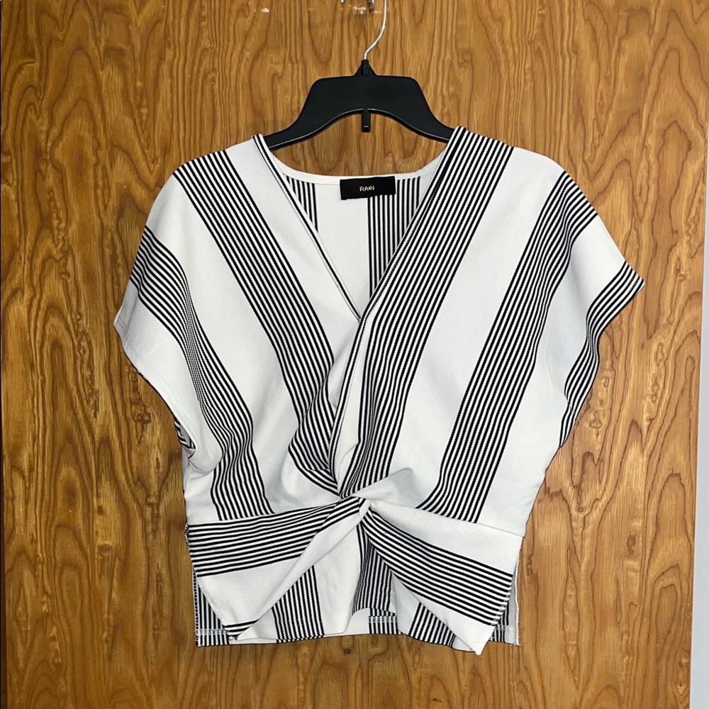 Striped Twist-Front V-Neck Blouse in White & Black